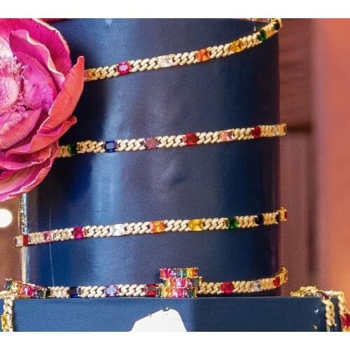 2021 Summer Rainbow Fashion Jewelry Gold Color Micro Pave CZ Cuban Link Chain Colorful Choker Necklace Bracelet Jewelry Set