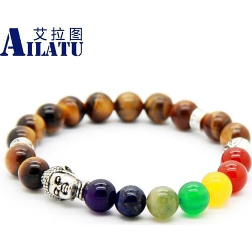 Ailatu Product 8mm Natural Tiger Eye Stone Beads 7 Chakra Buddha Yoga Meditation Energy Bracelet Jewelry