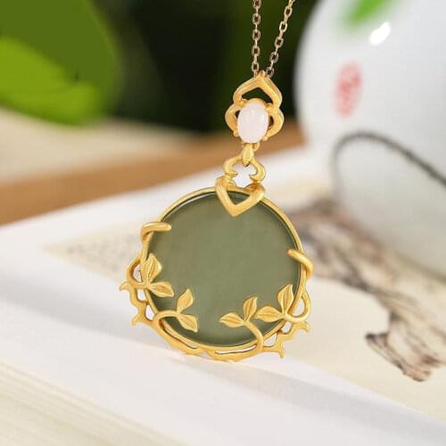 Designer original new ancient gold craftsmanship inlaid natural Hetian jade bamboo leaf necklace pendant ladies jewelry