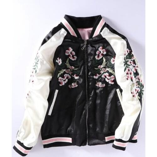 Double side face wear pink sakura embroidery satin cardigan coat tops women autumn winter street casual baseball jackets clothes