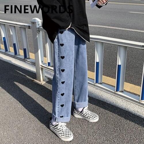 FINEWORDS Two Side Heart Embroidery Vintage Jeans Women High Waist Loose Straight Jeans Korean Streetwear Punk Casual Jeans
