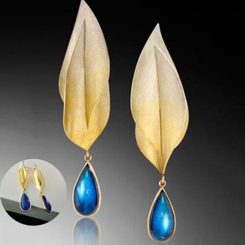 Elegant Opal Foliage Hanging Earrings for Women Drop Dangle Blue Stone Gold Leaf Pendant Earrings Vintage Boho Ethnic Jewelry