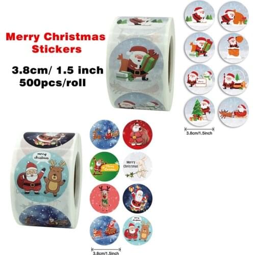8 Designs 1.5Inch/38mm Round Colorful Christmas Stickers Santa Claus Holiday Decoration Envelope Gift Stationery Sticker 500pcs