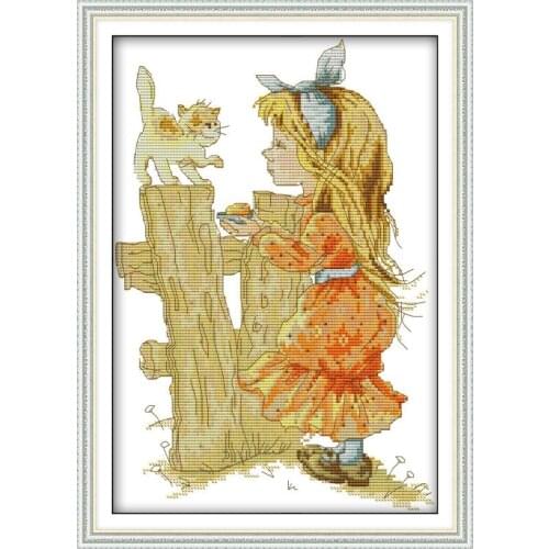 Joy Sunday Girl Feeding The Animals DMC 11&14CT Cross Stitch Set Cartoon Portrait Cross-Stitch Kit Embroidery Needlework Sets