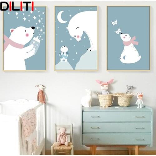 Baby Kids Room Wall Art Polar Bear Rabbit Star Moon Canvas Painting Nordic Cartoon Decorative Posters and Prints Pictures