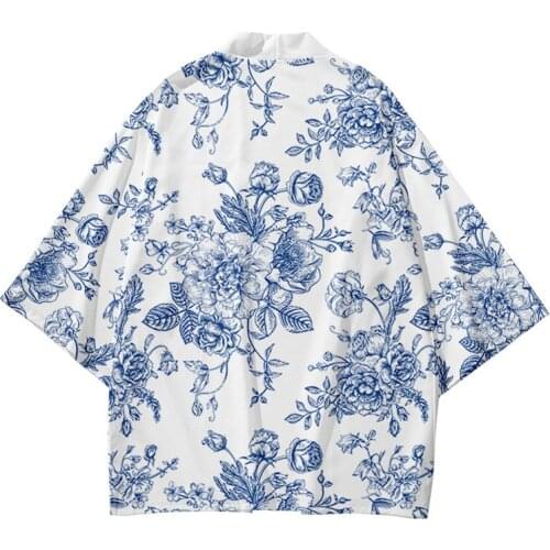 Summer Flower Printed Kimono Cardigan Men Japanese Traditional Casual Loose Coat Pants Set Asian Clothes Harajuku