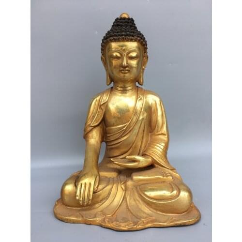 12"Chinese temple collection Old Bronze Gilt Amitabha Shakyamuni Buddha statue Sitting Buddha Ornaments Town House