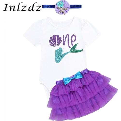Infant Baby Girls Mermaid Outfit Cosplay Costume Short Sleeve Romper with Tutu Skirt and Headband Set Role Play Games Clothing
