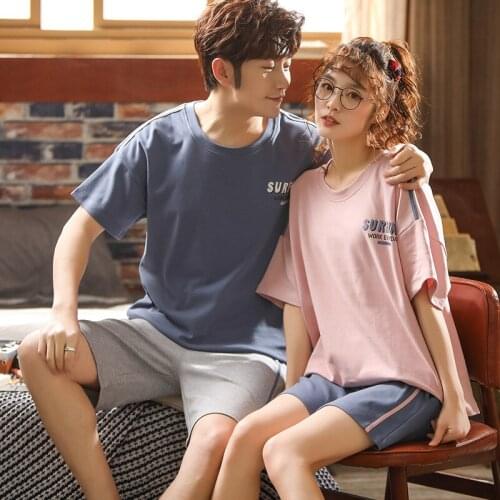 SLPBELY Couple Pajamas Set Summer Cartoon Loose Cotton Short Sleeved Nightwear Pijamas Casual Home Suit Sleepwear For Women Men