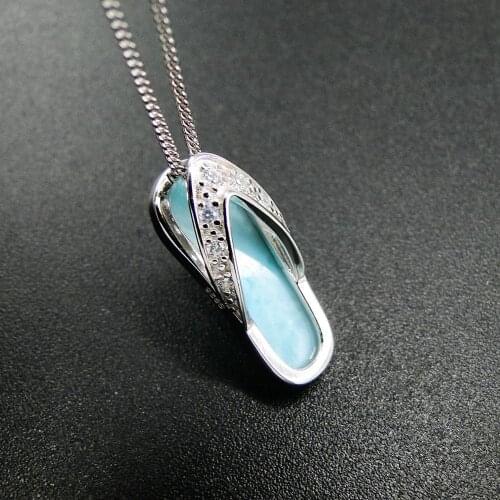 Hot Selling 925 Sterling Silver Natural Dominica Larimar Slipper Pendant Necklace For Women Gift