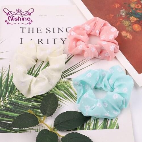 Nishine Fashion Girls' Fragmentary Flower Hairband Cute Print Chiffon Large Intestine Hair Rope Women Headwear DIY Styling Tools