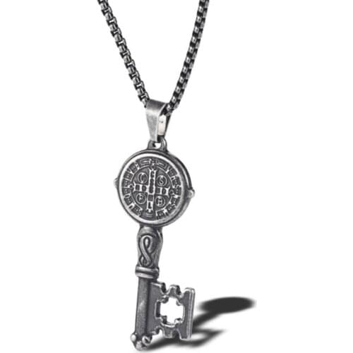 Stainless Steel Vinatge Christ Saint Benedict Religious Pendant Necklace Key Jewelry Gift For Men Women