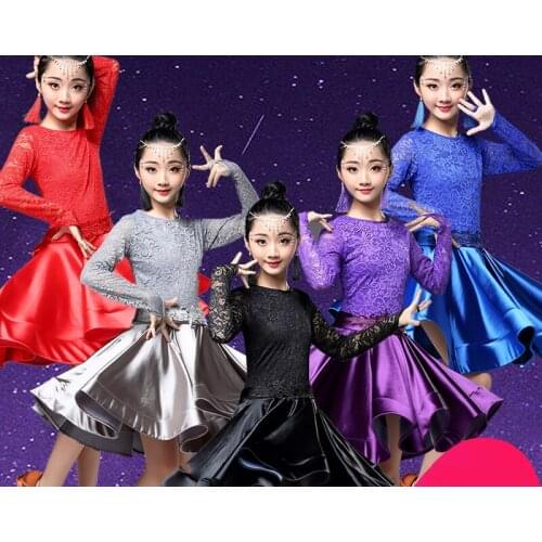 2019 Latin Dance Dress For Girls Long Sleeve Lace Standard Ballroom Dancing Dresses For Kids Performance Wear Salsa Clothes