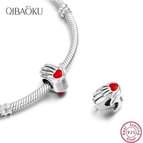 Authentic 925 Sterling Silver Beads Big Hand Holding Small Hand Red Love Beads Bracelet Accessories DIY Jewelry