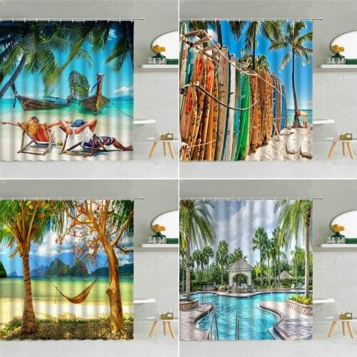 Romantic Summer Seaside Holiday Scenery Shower Curtains Beach Green Plant Surfboard Bathroom Decor Sea Landscape Bath Curtain