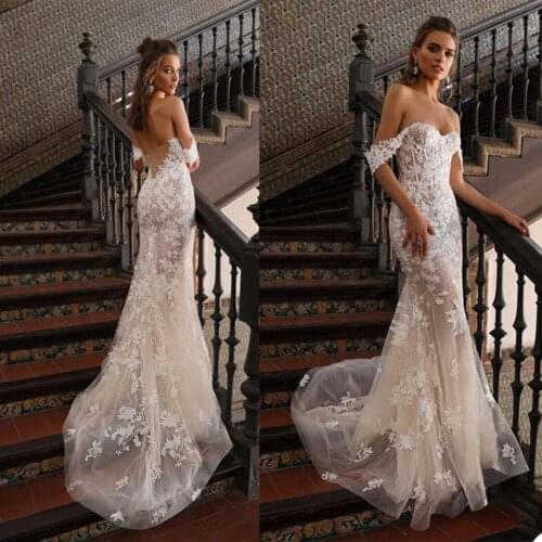 Luxury Wedding Dresses Sexy Off Shoulder Lace Appliques Bridal Gowns Custom Made Open Back Sweep Train Mermaid Wedding Dress