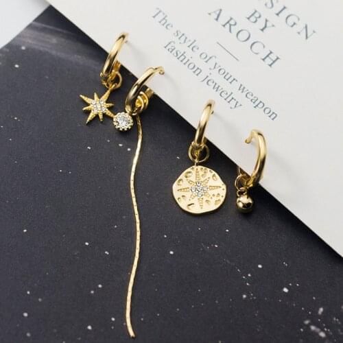 925 Sterling Silver Star Tassel Asymmetric Hoop Earrings for Women Round Disc Gold Earrings CZ Wedding Jewelry S-E1344
