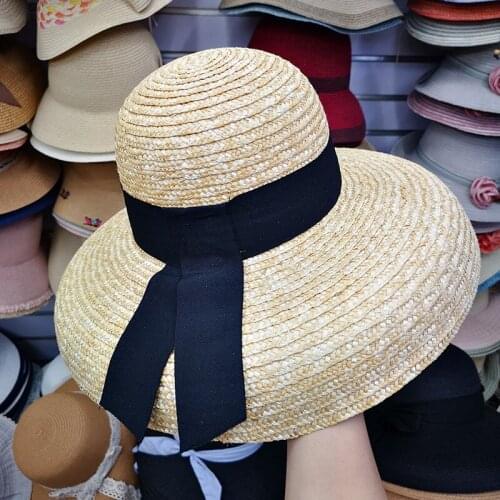 H7609 Summer Sun Hat Women French Wide Ribbon Straw Large Brim Basin Cap Female Beach Travel Outdoor Sunshade Sunscreen Hats