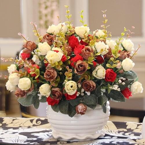Modern Ceramic Vase+Artificial Flower Set Figurine Home Decoration Crafts Livingroon Desktop Rose Fake Flower Pot Vase Ornament
