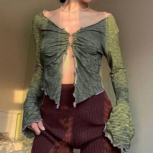 V-neck Flared Pleated Cuffs Allneon 90s Flying Ruched Slit Crop Tops Printed Y2K Fairy Grunge Ins Summer Sexy Vintage T-shirts