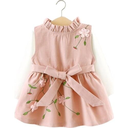 2020 Spring Toddler Clothing Sets White Long Sleeve T-shirt+Flower Emboridery Bow Vest Dress Princess Party Outfit Kids Clothes
