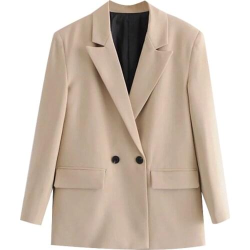 2021 New Women Fashion Double Breasted Loose Fitting Blazer Coat Vintage Long Sleeve Pockets Female Outerwear Chic Tops