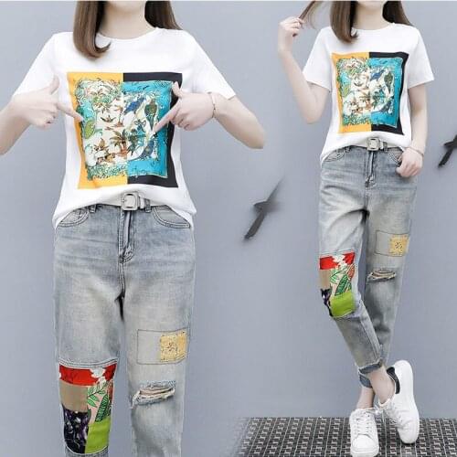 2021 Summer women Two pieces jeans suits cotton tshirt tops + jeans pants set Women two piece set