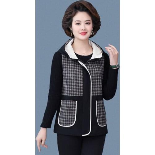 Women Vests Hooded Plaid stitching Sleeveless Spring Autumn Waistcoat Wild Casual Mom Short Jacket Plus size