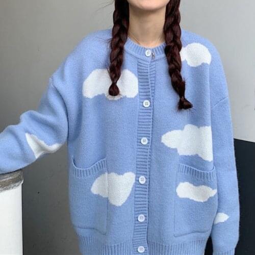 Women Sweater Knitted Cardigan Cloud Pattern Fashion Cardigan Button Up Girl Long Sleeve Loose Tops Student Kawaii Knitwears