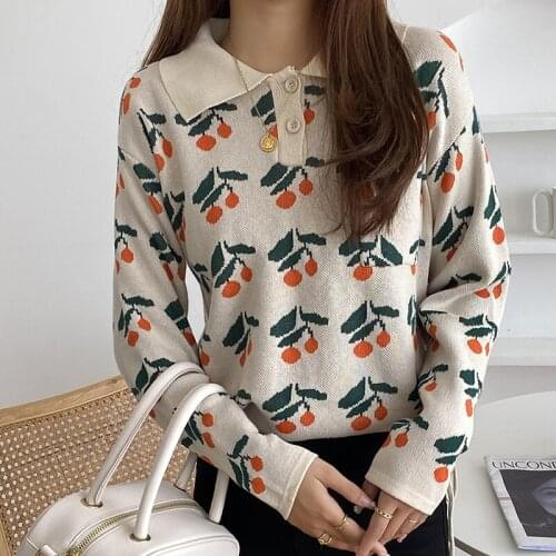 Winter Clothes Women Autum Knitted Crop Top Korean Fashion Women Pullover Sweater Print Turn-down Collar Long Sleeve Pull Femme