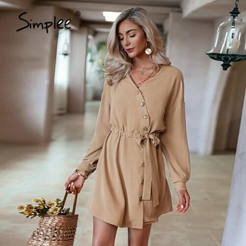 Simplee Elegant solid office summer dress women Long sleeve lace-up bottons dresses spring Casual v-neck daily wear dress bow