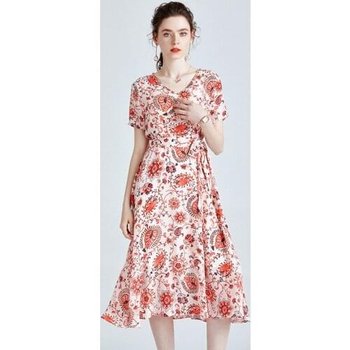 White Print Red Pailsey Floral Silk Dresses Women Fashion 2021 Summer Long Casual Sexy Office Work Daily Dress Plus Size Slim