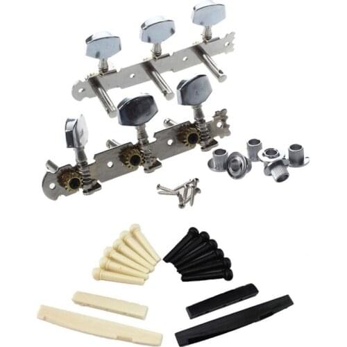 2Pcs Silver Metal Guitar Head Tuning Keys Peg & 1 Set Black and White ABS Bridge Pins + Saddle + Nut Replacement Parts