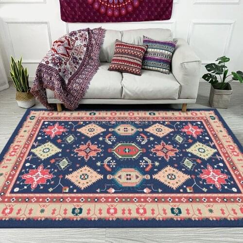 200*300cm European Retro Dark Blue Geometric Ethnic Style Living Room Bedroom Kitchen Bedside Carpet Floor Mat Customization
