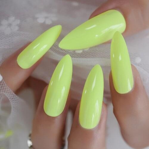 Long Shiny Sharp Stiletto Fake Nail Full Cover Fluorescence Green Artificial Nail Tips Popular Acrylic Solid Color Nails Tips
