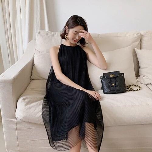 French Girl Personality Bow Halter Dress Blue 2XL