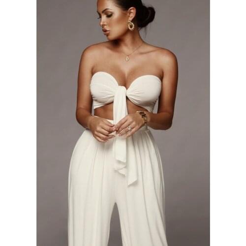 Rompers Womens Jumpsuit Casual Overalls Sexy Crop Top and Wide Leg Long Pants Set Elegant Off Shoulder Bow Tie Casual Jumpsuit