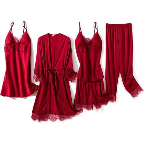 Female 5PCS Robe Set Sleepwear Casual Kimono Bathrobe Gown Nightgown Sexy Satin Nightwear Intimate Lingerie Bridal Wedding Gift