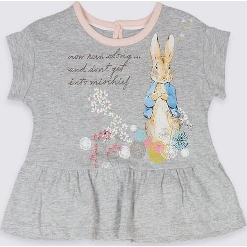 Little Maven New Summer Kids Clothing Short O-neck Grey Rabbit Cartoon Hemline Knitted Tee Cotton 1-6yrs Girls Casual Tshirt