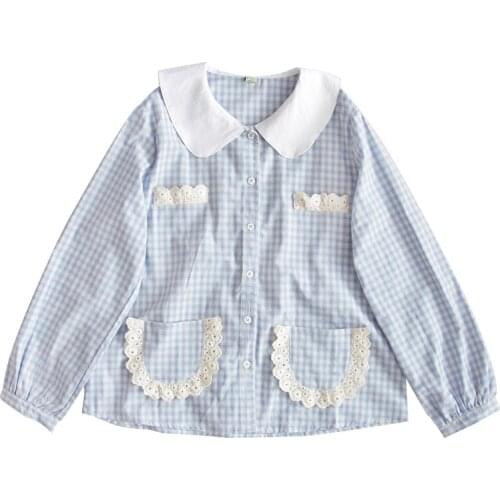 Girls Cute Lolita Blouses Women Japanese Kawaii Shirts Harajuku Plaid Lace Soft Sister Adorable Fresh Retro Blusas Spring Summer