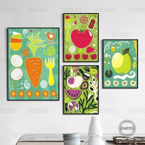Cartoon Colorful Fruit and Vegetable Canvas Painting Apple Flower Posters Wall Art Picture for Kitchen Dining Room Modern Decor