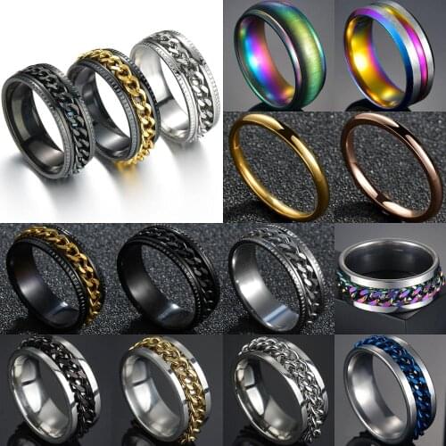 Titanium Stainless Steel Chain Spinner Ring For Men Blue/Gold/Black/Rainbow/Silvery Punk Rock Rings Accessories Jewelry Gift
