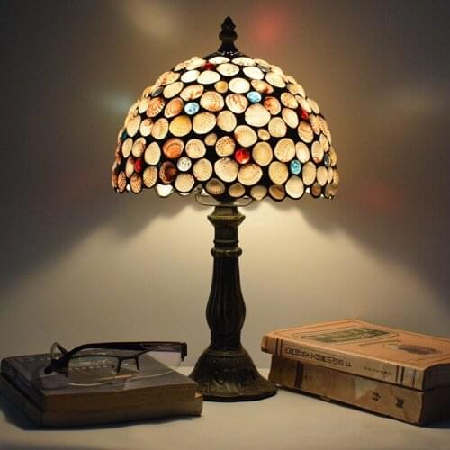 Table Lamp Color Glass Lamp Shade Resin Base Retro Mediterranean Style Table Lamp Bedroom Dining Room Art Desk Light Christmas