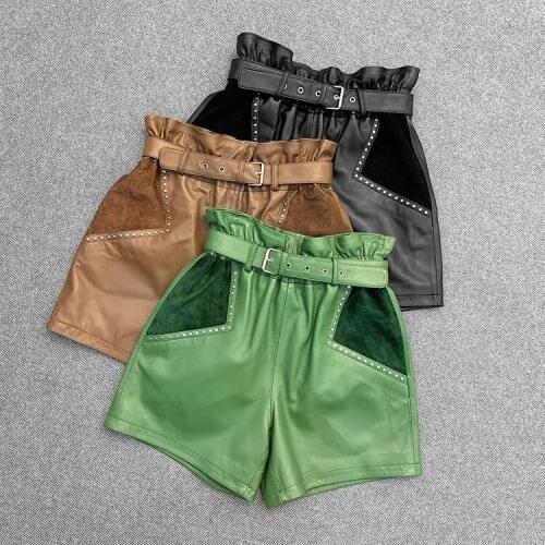 New Designer Womens High-rise High quality genuine leather belt casual shorts C471