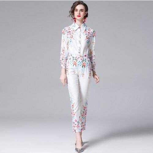 New Runway Designer Suit Womens Spring Long Sleeve Turn Down Collar Flower Printing Shirt + Hight Waist Pencil Pants 2 Piece Se