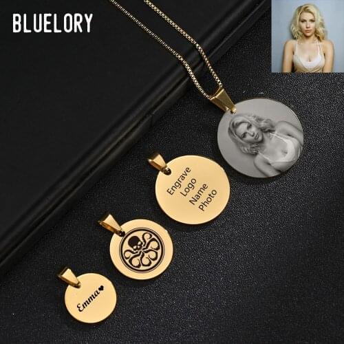 Bluelory Personalized Stainless Steel Round Tag Necklace Laser Engraved Name Photo Logo Words Necklaces For Men Women Jewelry