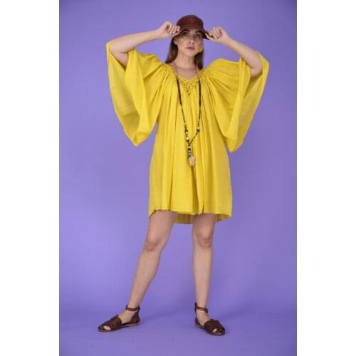 Guipure Detailed Bat Sleeve Cotton Fabric Yellow Color Mini Dress 2021 New Fashion Very Sexy Womens Clothing