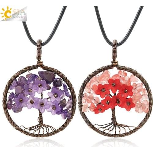 CSJA Natural Chip Stone Tree of Life Pendant Antique Copper Wire Wrap Wisdom Trees Flower Round Pendants Necklace Women Men G237