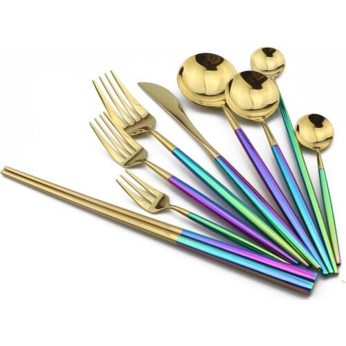 Hot Shiny Splicing Rainbow Gold Cutlery Set 18/10 Stainless Steel Dinnerware Set Knife Fork Scoops Silverware Set 1 Piece