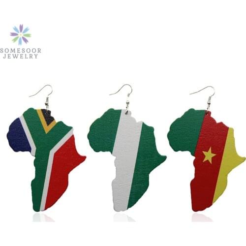 SOMESOOR United African Map Women Jewelry Design Afrocentric Ethnic Ghana Nigeria National Flags Pattern Painted Wood Earrings